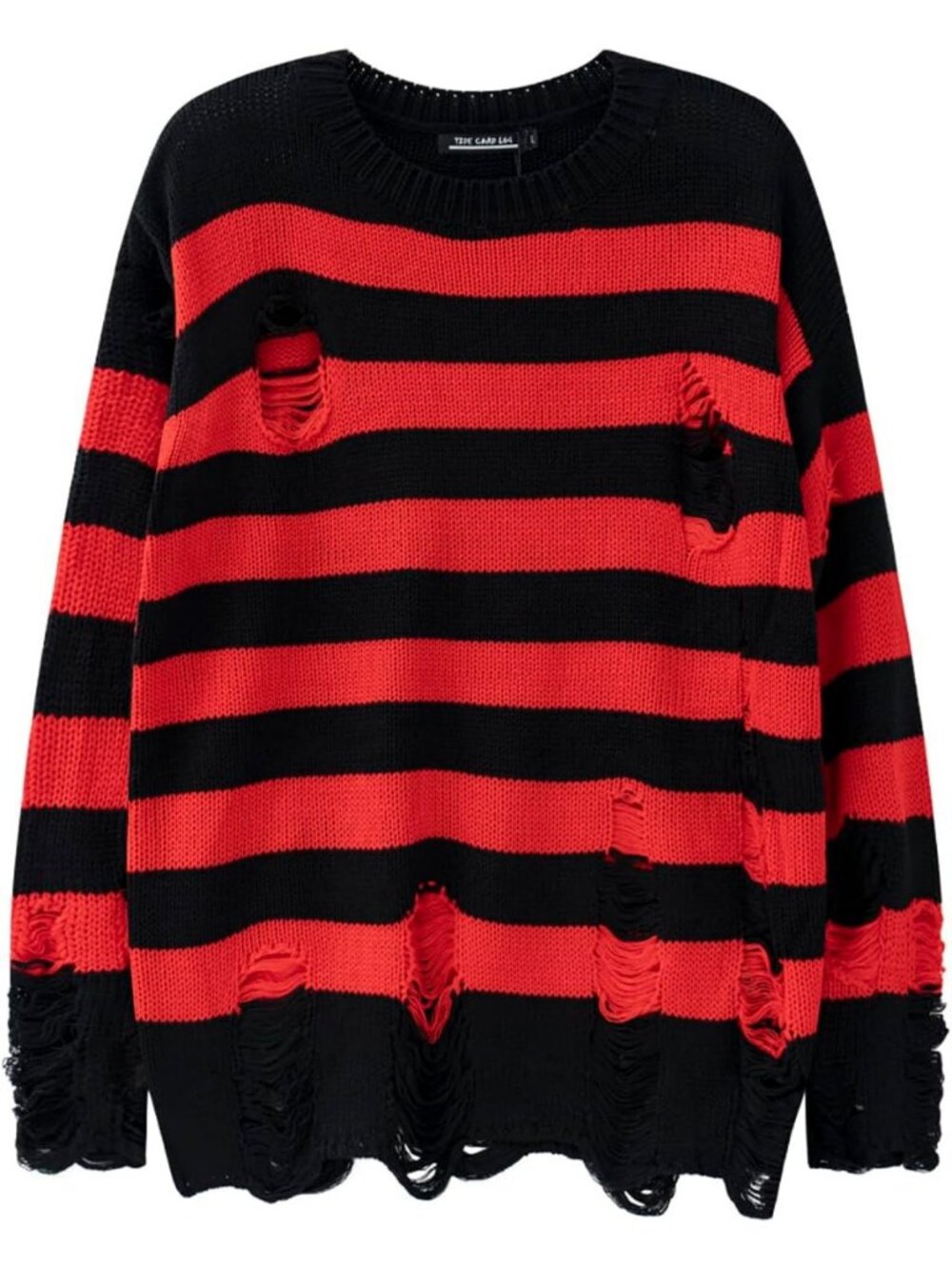 Oversized Black & Red Striped Knit Sweater for Men | Ripped Hole Pullover